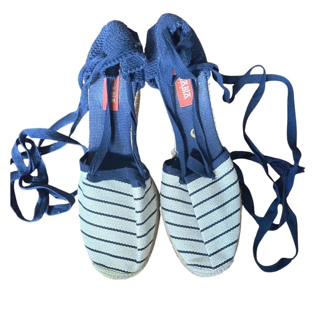Pare Gabia France Blue White Stripe Lace Up Ankle Wedge Espadrilles Handmade 8.5